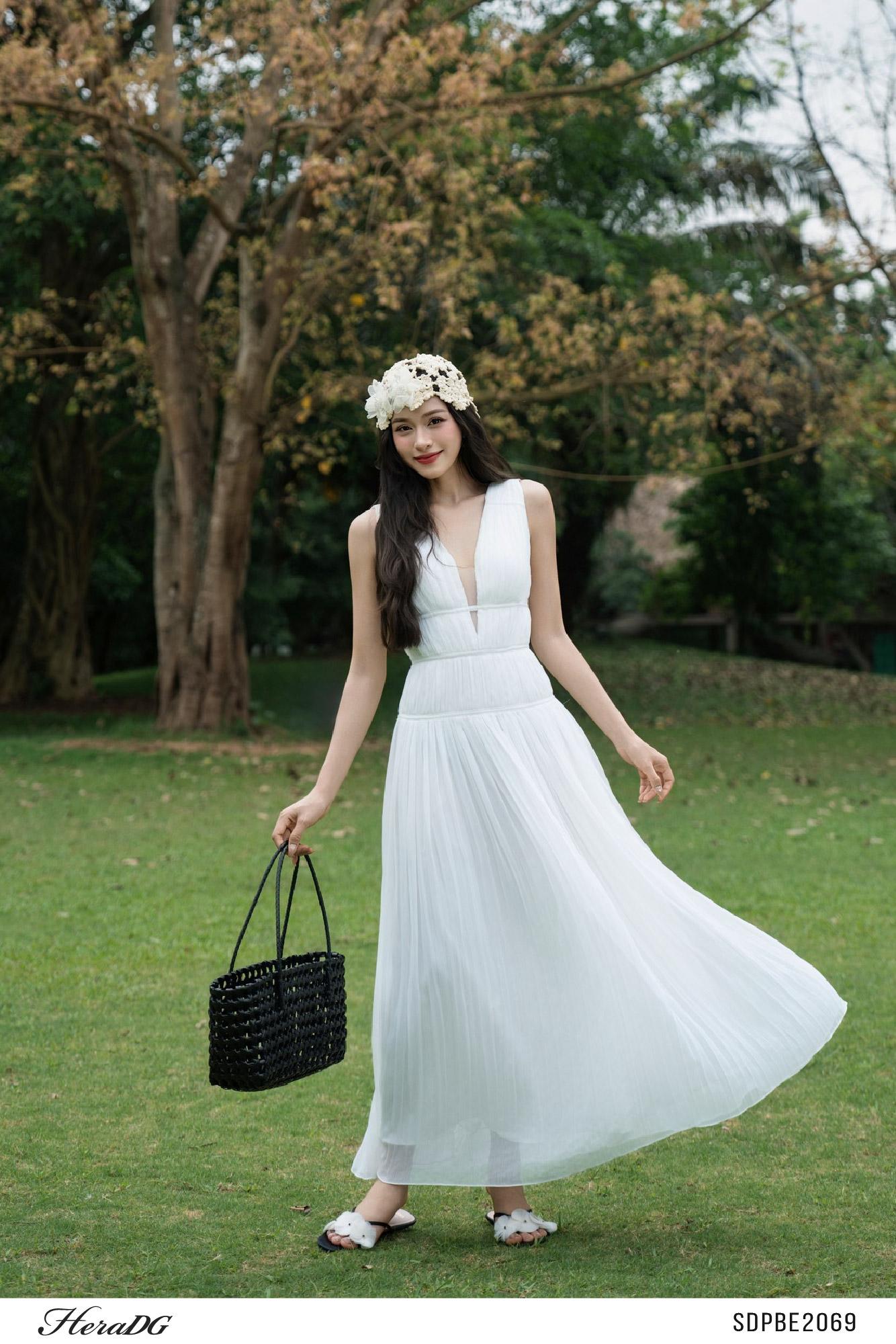 Đầm xoè nhún, dây nơ buộc sau