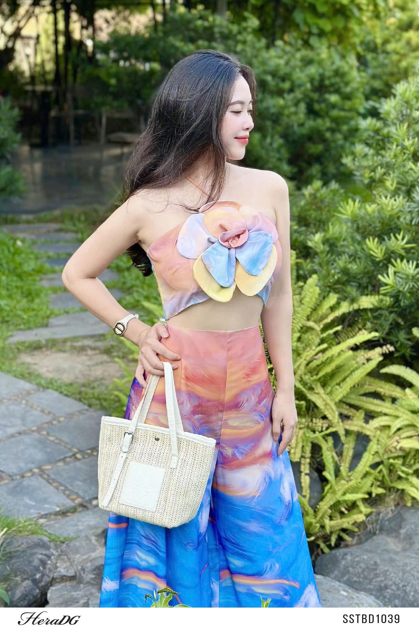 Set áo croptop, quần suông dáng váy