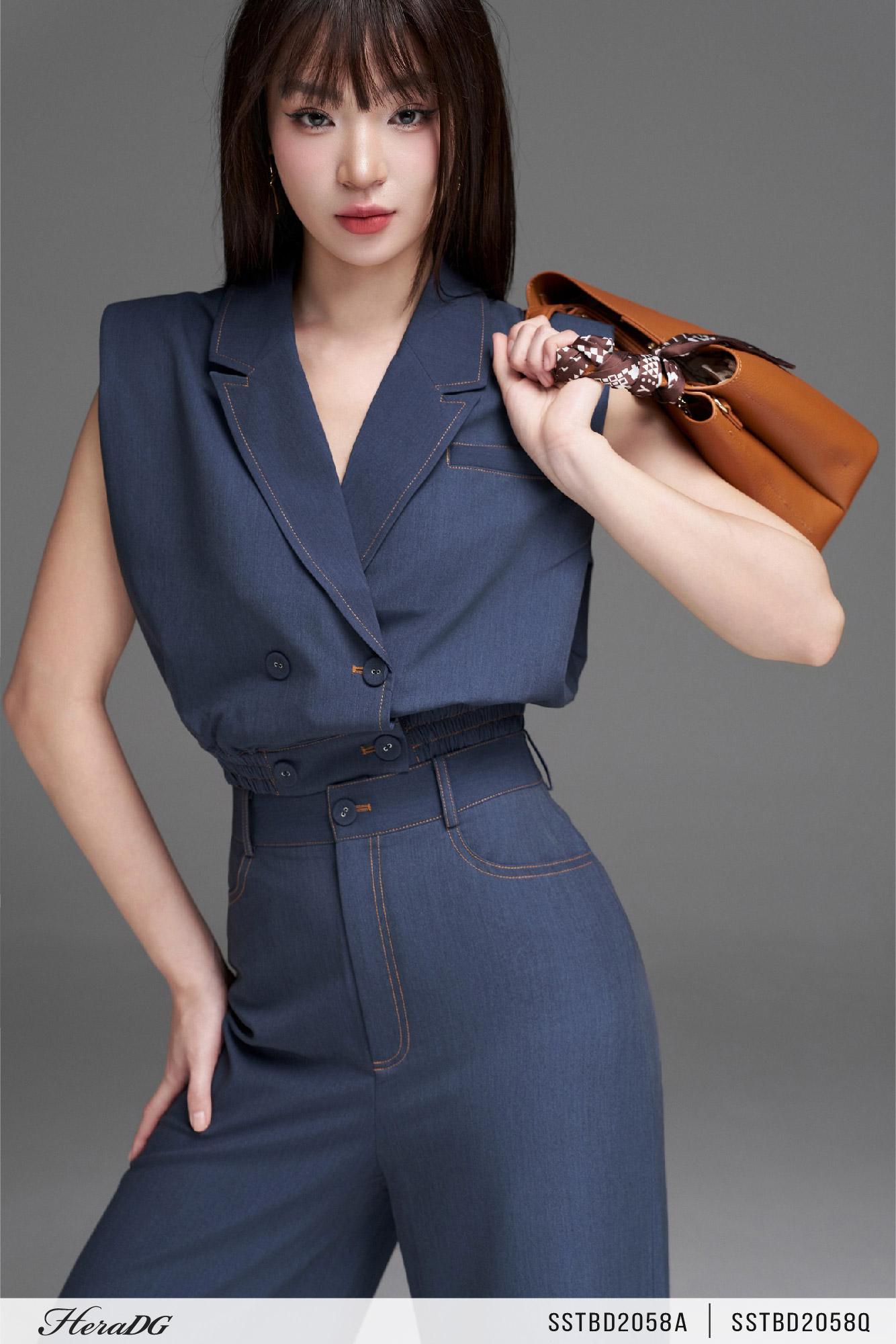 Áo kiểu giả jean cổ 2 ve