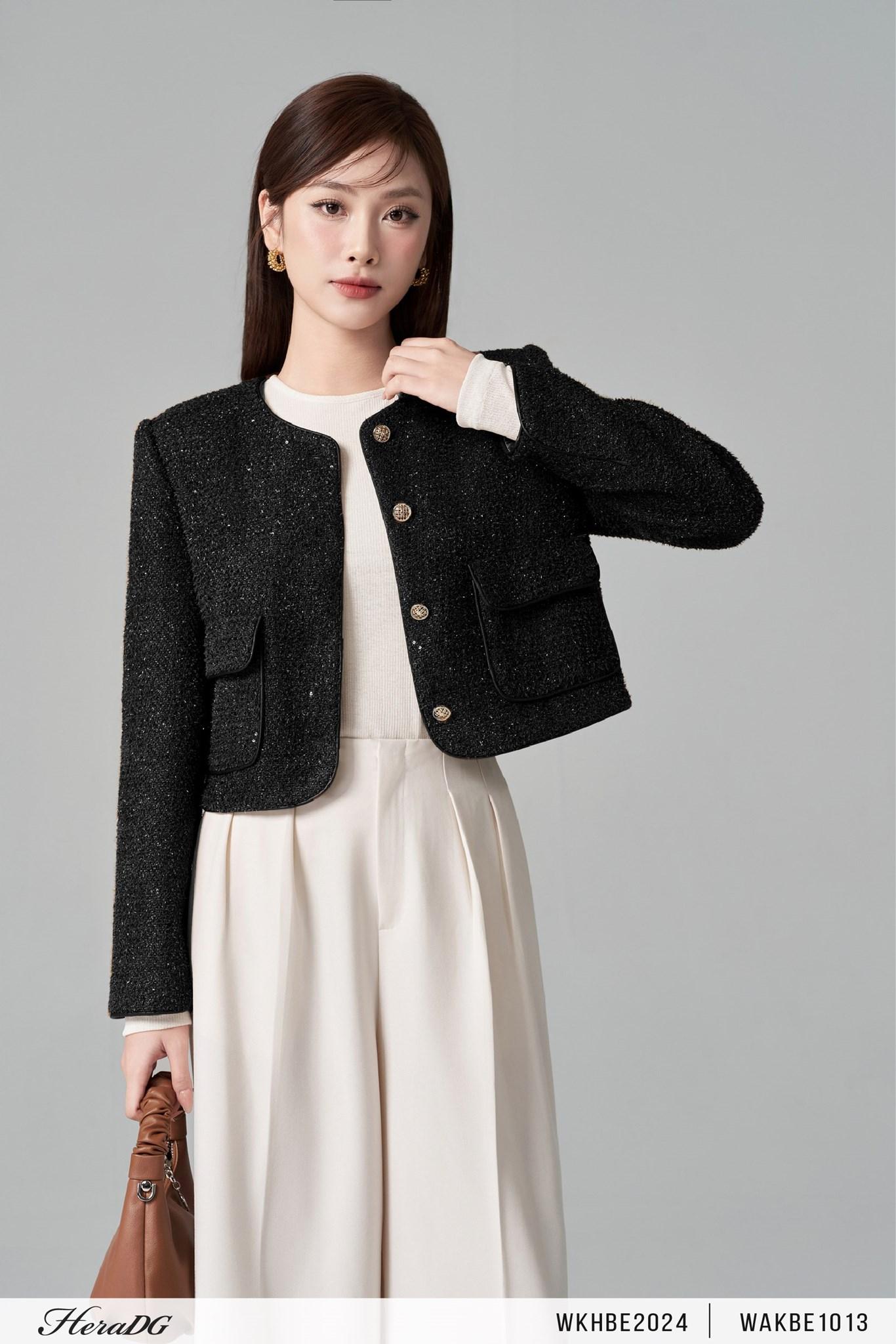 Áo khoác dạ tweed viền da